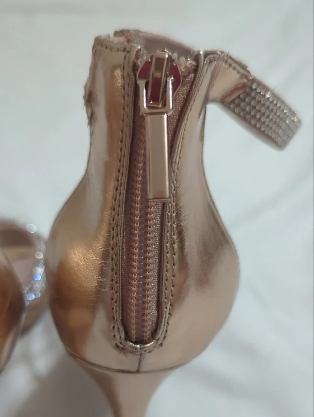 Steve Madden Smokin Rhinestone Ankle Strap Heels, Color Rose Gold Size 6.5